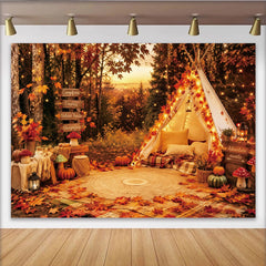 Lofaris Toile de fond de photographie d'automne forêt avec tipi et feuilles d'érable, chaleureux pour studio photo et décoration de saison