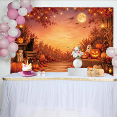 Lofaris Toile de fond d'Halloween avec citrouilles lumineuses et chat noir, décor automnal avec feuilles d'érable et pleine lune pour fête