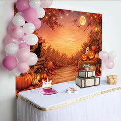 Lofaris Toile de fond d'Halloween avec citrouilles lumineuses et chat noir, décor automnal avec feuilles d'érable et pleine lune pour fête
