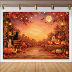Lofaris Toile de fond d'Halloween avec citrouilles lumineuses et chat noir, décor automnal avec feuilles d'érable et pleine lune pour fête