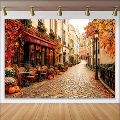 Lofaris Toile de fond de photographie rue parisienne d'automne avec café et pavés, magnifique arrière-plan urbain pour séance photo de saison