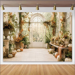Lofaris Élégante toile de fond de photographie serre d'automne avec citrouilles et feuillage, magnifique arrière-plan pour studio photo