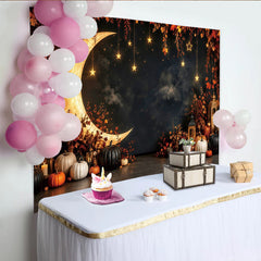 Lofaris Toile de fond pour Halloween avec lune géante et étoiles dorées, décor automnal enchanté pour studio photo et fête
