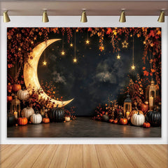 Lofaris Toile de fond pour Halloween avec lune géante et étoiles dorées, décor automnal enchanté pour studio photo et fête