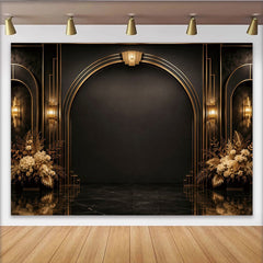 Lofaris Toile de fond de photographie art déco noir et or avec arches et fleurs, élégant arrière-plan pour studio photo et événement formel