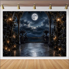 Lofaris Toile de fond de photographie balcon gothique avec pleine lune et roses noires, magnifique arrière-plan romantique pour studio photo