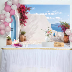 Lofaris Toile de fond de photographie paysage méditerranéen avec bougainvilliers roses et vue sur mer, magnifique arrière-plan estival