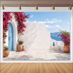Lofaris Toile de fond de photographie paysage méditerranéen avec bougainvilliers roses et vue sur mer, magnifique arrière-plan estival