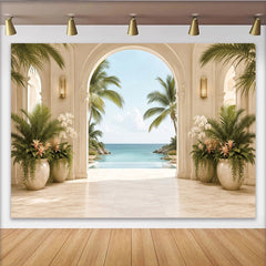 Lofaris Toile de fond de photographie de paysage tropical avec arches et palmiers, élégant arrière-plan de studio pour séance photo de vacances