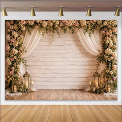 Lofaris Toile de fond florale rustique en bois avec roses et voilages, élégant arrière-plan romantique pour mariage ou studio photo