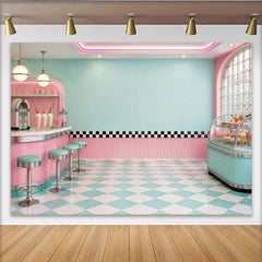 Lofaris Toile de fond de photographie diner rétro rose menthe avec sol à carreaux, arrière-plan vintage pour studio photo et fête