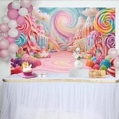 Lofaris Toile de fond monde sucré pastel bonbons et sucettes pour anniversaire, magnifique arrière-plan fantaisie arc-en-ciel pour studio photo