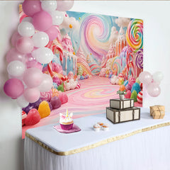 Lofaris Toile de fond monde sucré pastel bonbons et sucettes pour anniversaire, magnifique arrière-plan fantaisie arc-en-ciel pour studio photo