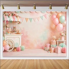 Lofaris Toile de fond pour anniversaire douce fête avec chariot de desserts et ballons pastel, décor de célébration pour studio photo