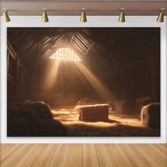 Lofaris Toile de fond de la Nativité avec crèche en bois et lumière divine, décor de grange rustique pour photographie de scène de Noël