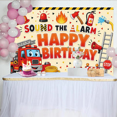 Lofaris Toile de fond joyeux anniversaire pompier dessin animé pour garçon avec camion de pompiers et sirène, de fête d'urgence et arrière-plan