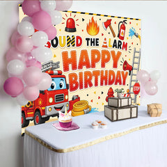 Lofaris Toile de fond joyeux anniversaire pompier dessin animé pour garçon avec camion de pompiers et sirène, de fête d'urgence et arrière-plan