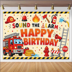 Lofaris Toile de fond joyeux anniversaire pompier dessin animé pour garçon avec camion de pompiers et sirène, de fête d'urgence et arrière-plan