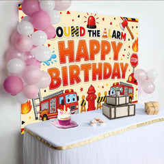Lofaris Toile de fond joyeux anniversaire pompier avec camions et sirène, décor de fête pour enfants et studio photo