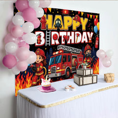 Lofaris Toile de fond joyeux anniversaire pompier avec camion de pompiers et ballons pour enfants, magnifique décor de fête pour studio photo