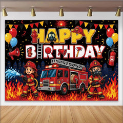 Lofaris Toile de fond joyeux anniversaire pompier avec camion de pompiers et ballons pour enfants, magnifique décor de fête pour studio photo