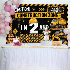 Lofaris Toile de fond 2ème anniversaire thème chantier avec camions et casque, décor de fête pour petit constructeur et photo noir et jaune