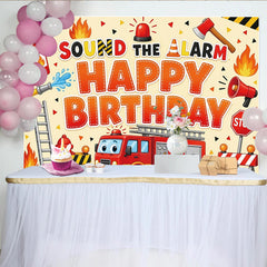 Lofaris Toile de fond joyeux anniversaire pompier avec camion de pompiers et alarme, magnifique décor de fête pour enfants