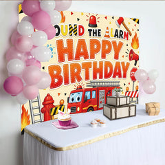 Lofaris Toile de fond joyeux anniversaire pompier avec camion de pompiers et alarme, magnifique décor de fête pour enfants