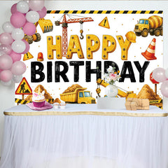 Lofaris Toile de fond joyeux anniversaire chantier avec excavatrice et camion benne, décor de fête pour garçons et studio photo