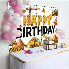 Lofaris Toile de fond joyeux anniversaire chantier avec excavatrice et camion benne, décor de fête pour garçons et studio photo