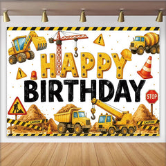 Lofaris Toile de fond joyeux anniversaire chantier avec excavatrice et camion benne, décor de fête pour garçons et studio photo