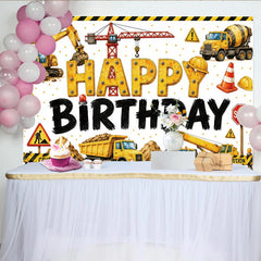 Lofaris Toile de fond anniversaire chantier avec engins de construction jaunes et panneaux, décor de fête pour enfants et studio photo