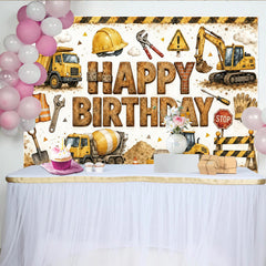 Lofaris Toile de fond joyeux anniversaire chantier avec véhicules jaunes pour garçon, décor de fête d'enfant avec outils et casque