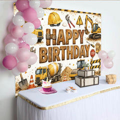 Lofaris Toile de fond joyeux anniversaire chantier avec véhicules jaunes pour garçon, décor de fête d'enfant avec outils et casque