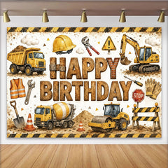 Lofaris Toile de fond joyeux anniversaire chantier avec véhicules jaunes pour garçon, décor de fête d'enfant avec outils et casque