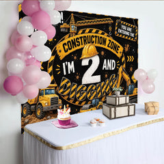 Lofaris Toile de fond pour 2e anniversaire thème chantier avec véhicules de construction, décor de fête pour garçon et studio photo