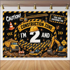 Lofaris Toile de fond pour 2e anniversaire thème chantier avec véhicules de construction, décor de fête pour garçon et studio photo