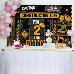 Lofaris Toile de fond 2ème anniversaire thème chantier avec véhicules et panneaux, arrière-plan de fête pour petit garçon et studio photo