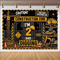 Lofaris Toile de fond 2ème anniversaire thème chantier avec véhicules et panneaux, arrière-plan de fête pour petit garçon et studio photo