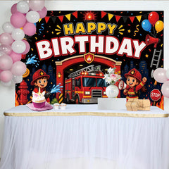 Lofaris Toile de fond anniversaire pompier pour enfants, décor de fête vibrant avec camion de pompiers et ballons pour studio photo