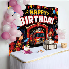 Lofaris Toile de fond anniversaire pompier pour enfants, décor de fête vibrant avec camion de pompiers et ballons pour studio photo