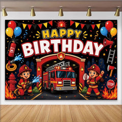 Lofaris Toile de fond anniversaire pompier pour enfants, décor de fête vibrant avec camion de pompiers et ballons pour studio photo