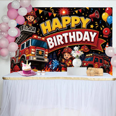 Lofaris Toile de fond joyeux anniversaire pompier dessin animé avec camions et ballons, magnifique décor de fête pour enfants avec flammes