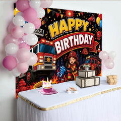 Lofaris Toile de fond joyeux anniversaire pompier dessin animé avec camions et ballons, magnifique décor de fête pour enfants avec flammes