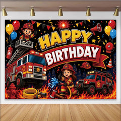 Lofaris Toile de fond joyeux anniversaire pompier dessin animé avec camions et ballons, magnifique décor de fête pour enfants avec flammes