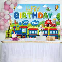 Lofaris Toile de fond pour anniversaire train coloré avec ballons et avion, joyeux décor de fête pour enfants et studio photo