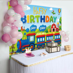 Lofaris Toile de fond pour anniversaire train coloré avec ballons et avion, joyeux décor de fête pour enfants et studio photo
