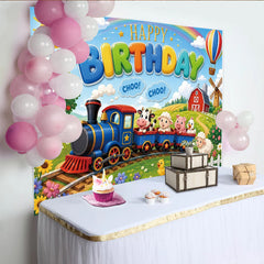 Lofaris Toile de fond pour anniversaire avec train et animaux de la ferme, joyeux décor de fête arc-en-ciel pour enfants
