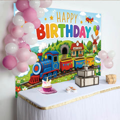 Lofaris Toile de fond pour anniversaire train coloré avec ballons et paysage, magnifique décor de fête pour enfants et studio photo
