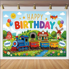 Lofaris Toile de fond pour anniversaire train coloré avec ballons et paysage, magnifique décor de fête pour enfants et studio photo
